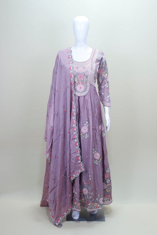 Mauve Pink Floral Embroidered Anarkali Suit with Matching Dupatta - Mangaldeep NX