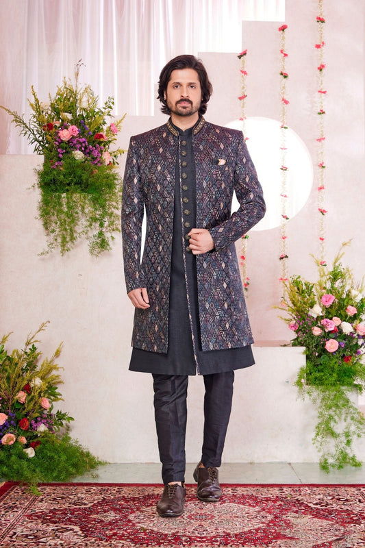 Men’s Black Designer Indo - Western Sherwani with Geometric Pattern and Button Detailing - Mangaldeep NX