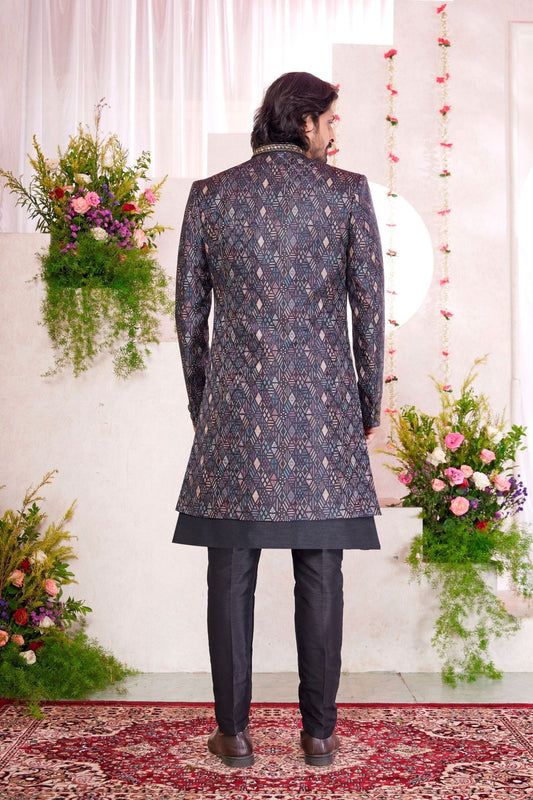 Men’s Black Designer Indo - Western Sherwani with Geometric Pattern and Button Detailing - Mangaldeep NX