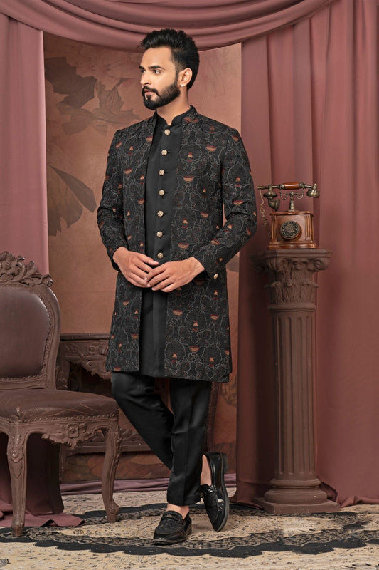 Men's Black Embroidered Indo - Western Outfit for Weddings and Festive Celebrations - Mangaldeep NX