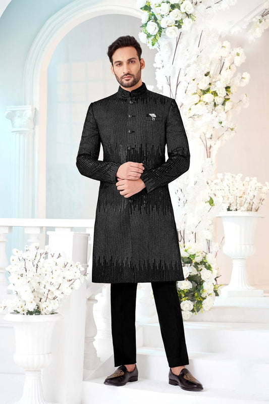 Men's Black Indo - Western Suit with Vertical Sequin Embroidery - Mangaldeep NX