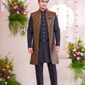 Men’s Black Indo‑Western Sherwani with Golden Brocade Jacket and Button Detailing - Mangaldeep NX