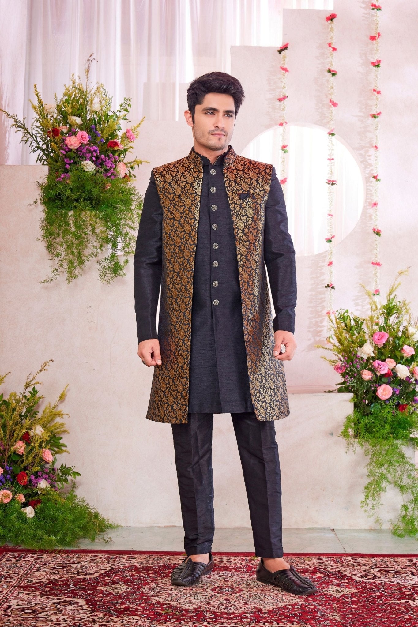 Men’s Black Indo‑Western Sherwani with Golden Brocade Jacket and Button Detailing - Mangaldeep NX