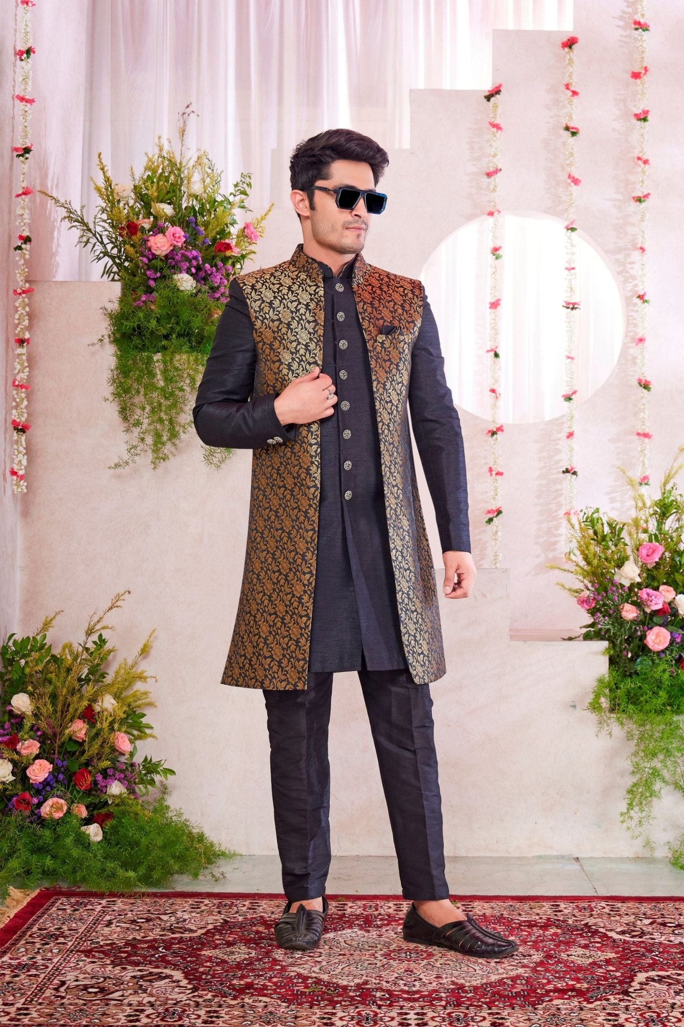 Men’s Black Indo‑Western Sherwani with Golden Brocade Jacket and Button Detailing - Mangaldeep NX