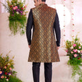 Men’s Black Indo‑Western Sherwani with Golden Brocade Jacket and Button Detailing - Mangaldeep NX