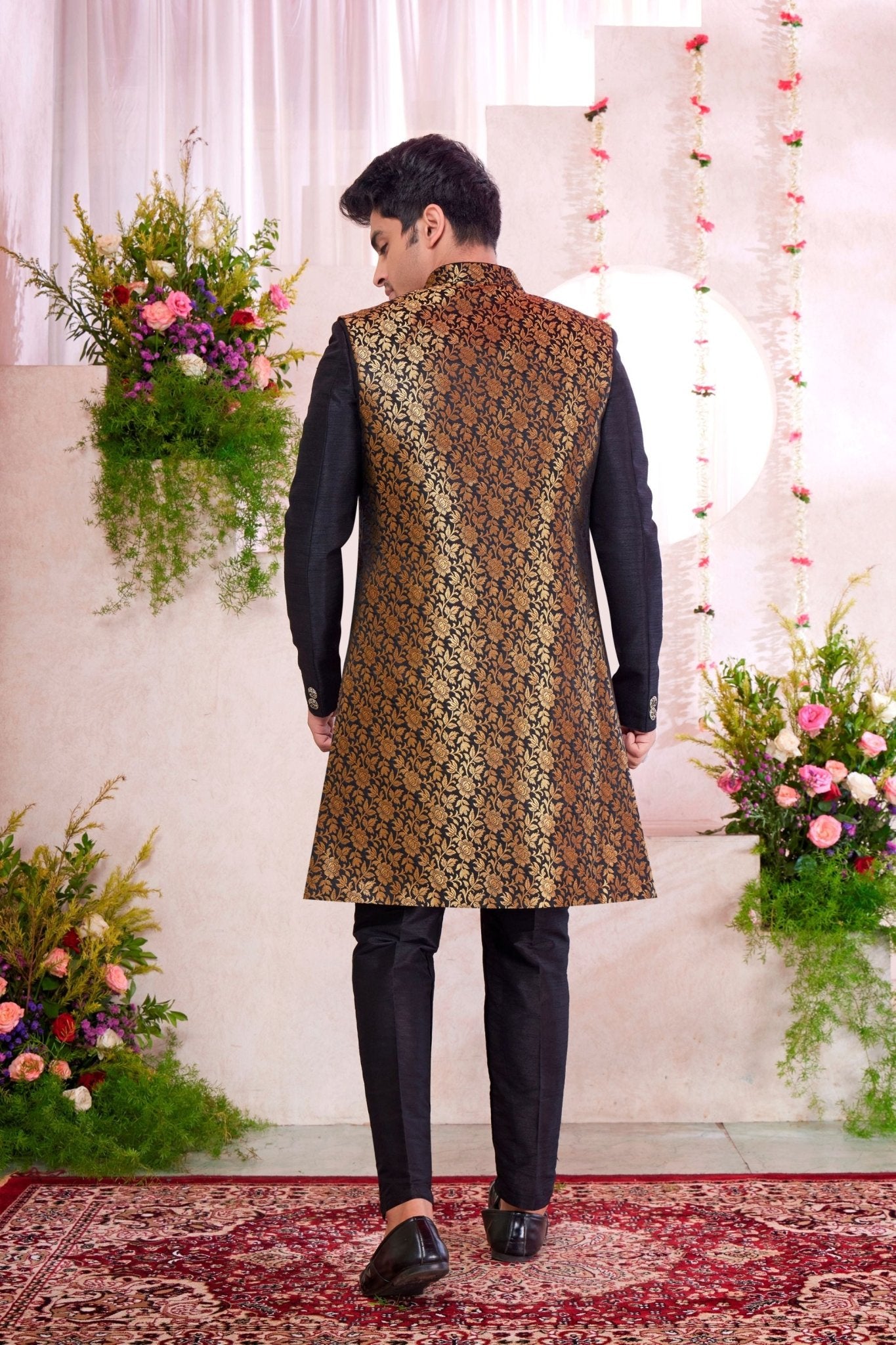 Men’s Black Indo‑Western Sherwani with Golden Brocade Jacket and Button Detailing - Mangaldeep NX