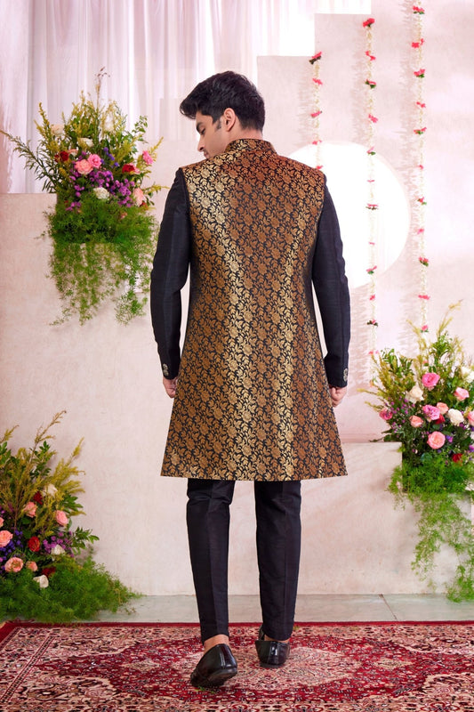 Men’s Black Indo‑Western Sherwani with Golden Brocade Jacket and Button Detailing - Mangaldeep NX