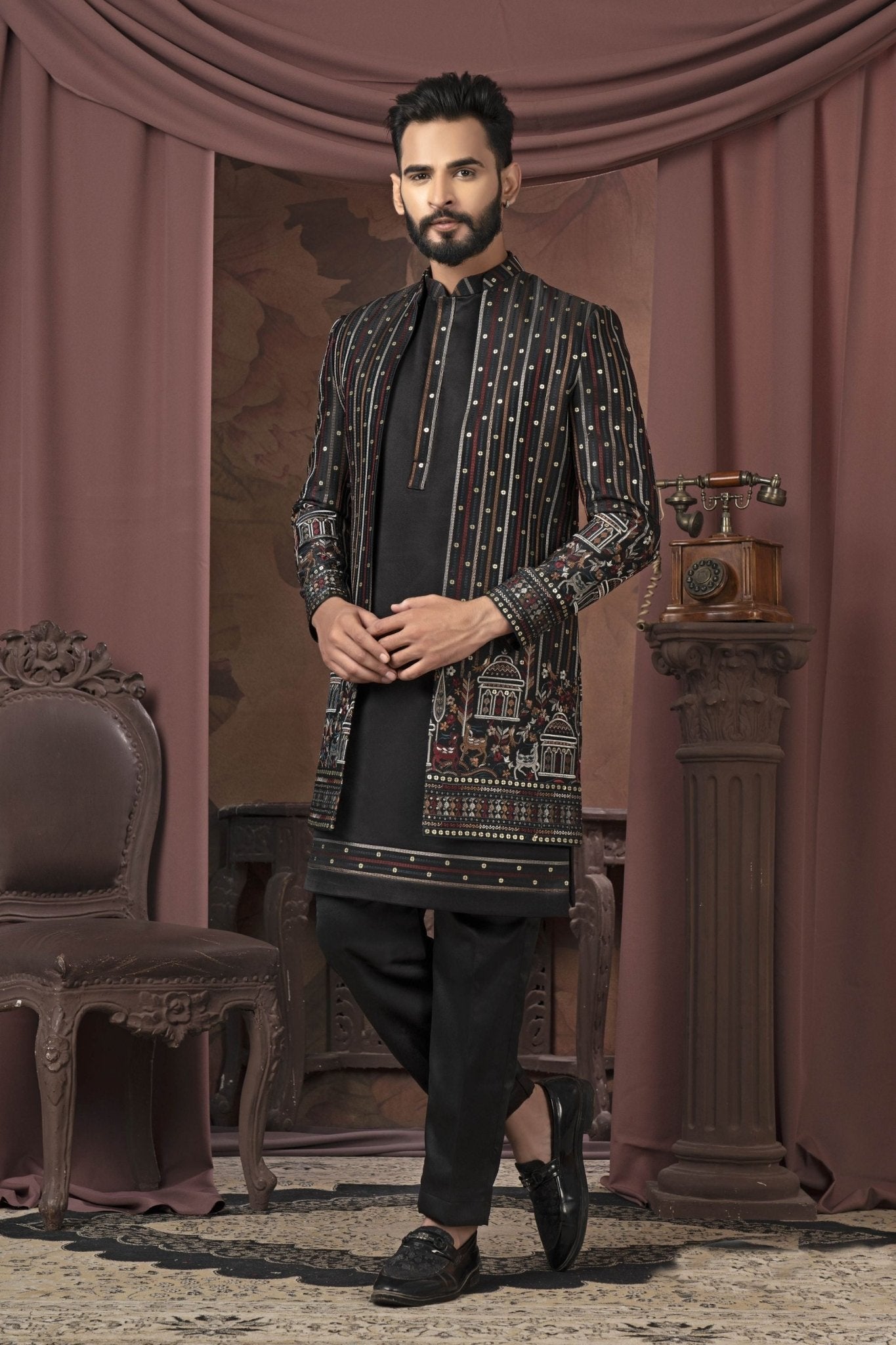Men's Black Mirror and Thread Embroidered Indo - Western with Village Motif Jacket - Mangaldeep NX
