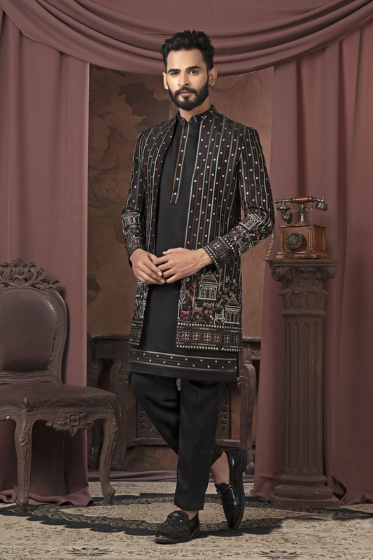 Men's Black Mirror and Thread Embroidered Indo - Western with Village Motif Jacket - Mangaldeep NX