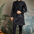 Men's Black Mirror Embroidered Art Silk Kurta with Matching Pyjama - Mangaldeep NX