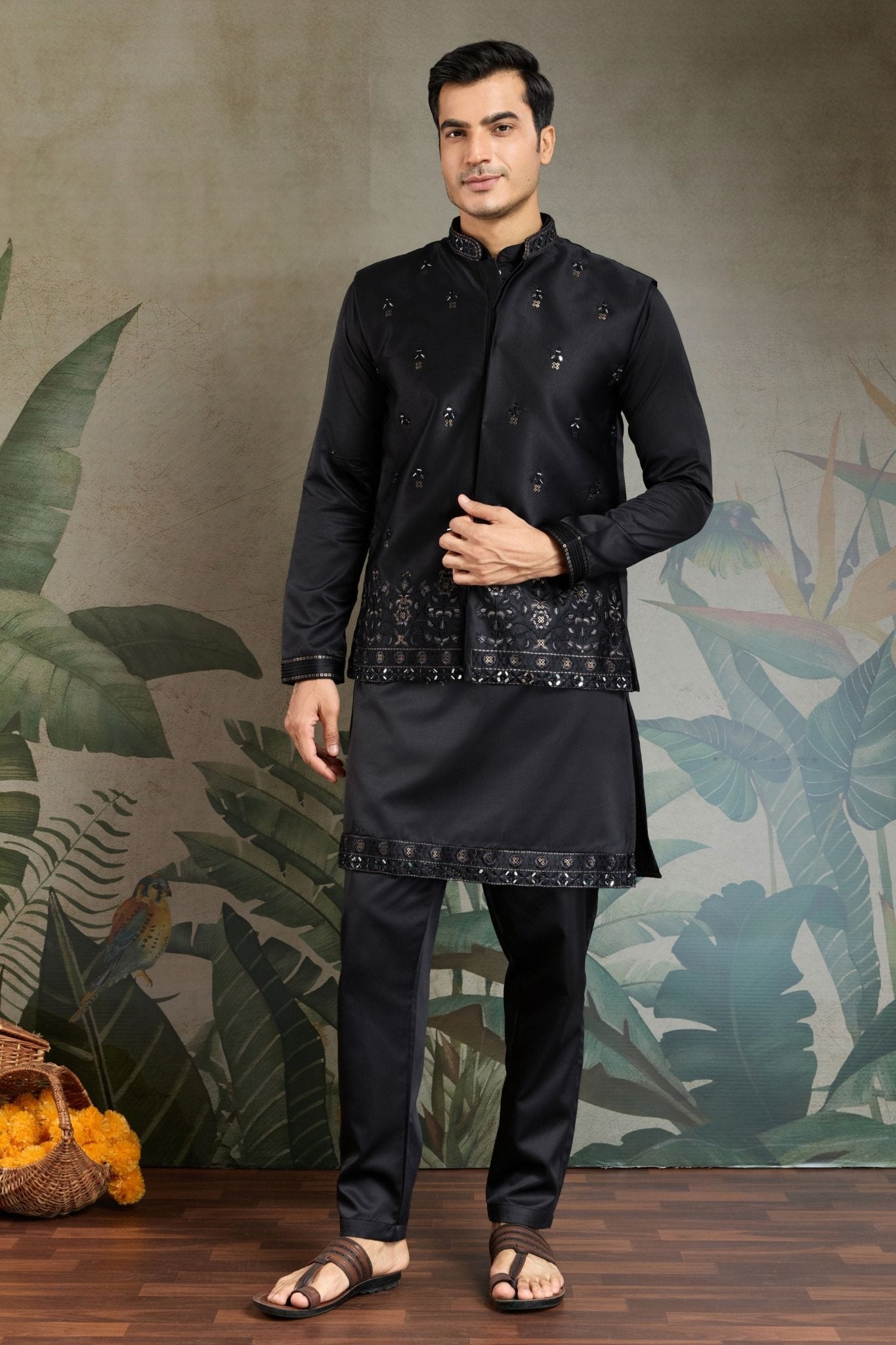 Men's Black Mirror Embroidered Art Silk Kurta with Matching Pyjama - Mangaldeep NX