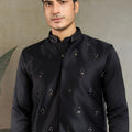Men's Black Mirror Embroidered Art Silk Kurta with Matching Pyjama - Mangaldeep NX