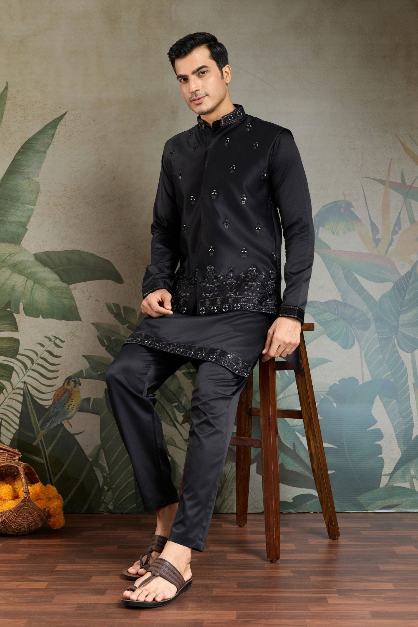 Men's Black Mirror Embroidered Art Silk Kurta with Matching Pyjama - Mangaldeep NX