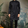 Men's Black Mirror Embroidered Art Silk Kurta with Matching Pyjama - Mangaldeep NX