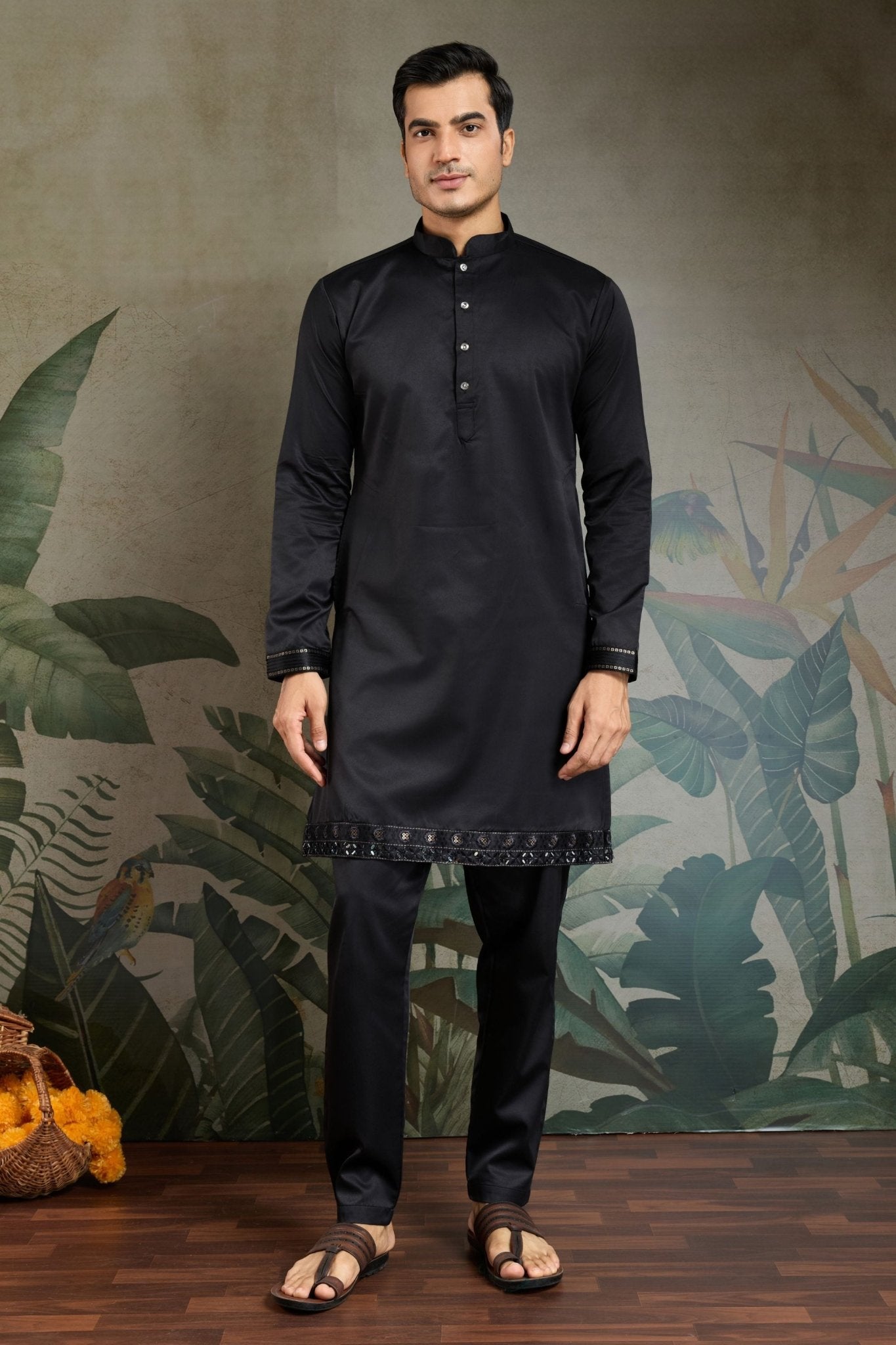 Men's Black Mirror Embroidered Art Silk Kurta with Matching Pyjama - Mangaldeep NX