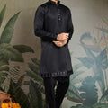 Men's Black Mirror Embroidered Art Silk Kurta with Matching Pyjama - Mangaldeep NX