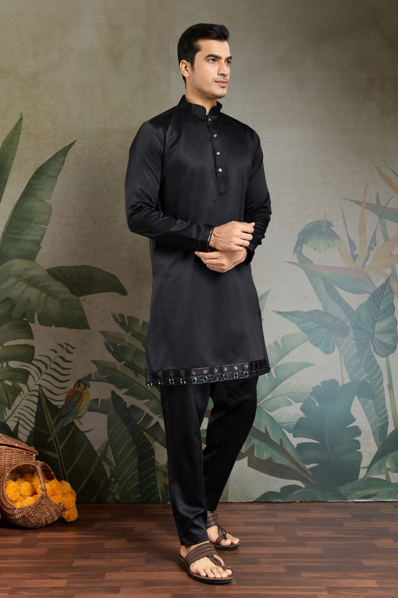 Men's Black Mirror Embroidered Art Silk Kurta with Matching Pyjama - Mangaldeep NX