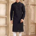 Men's Black Mirror Embroidered Art Silk Kurta with Off - White Pyjama - Mangaldeep NX