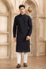 Men's Black Mirror Embroidered Art Silk Kurta with Off - White Pyjama - Mangaldeep NX