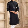 Men's Black Mirror Embroidered Art Silk Kurta with Off - White Pyjama - Mangaldeep NX