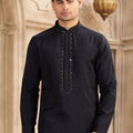 Men's Black Mirror Embroidered Art Silk Kurta with Off - White Pyjama - Mangaldeep NX