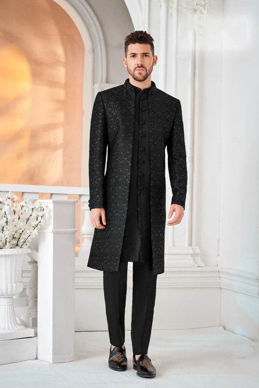 Men's Black Textured Indo - Western Suit with Embroidered Jacket - Mangaldeep NX