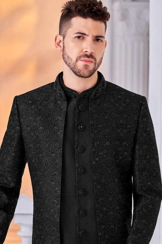 Men's Black Textured Indo - Western Suit with Embroidered Jacket - Mangaldeep NX