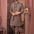 Men's Brown Textured Embroidered Indo - Western Sherwani with Layered Kurta - Mangaldeep NX