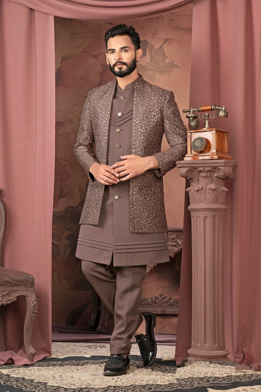 Men's Brown Textured Embroidered Indo - Western Sherwani with Layered Kurta - Mangaldeep NX