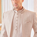 Men's Cream Art Silk Embroidered Indo - Western Suit with Self - Mirror Work Jacket - Mangaldeep NX
