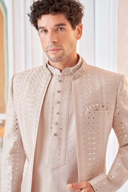 Men's Cream Art Silk Embroidered Indo - Western Suit with Self - Mirror Work Jacket - Mangaldeep NX