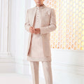 Men's Cream Art Silk Embroidered Indo - Western Suit with Self - Mirror Work Jacket - Mangaldeep NX