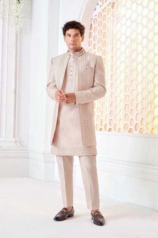 Men's Cream Art Silk Embroidered Indo - Western Suit with Self - Mirror Work Jacket - Mangaldeep NX