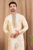 Men's Cream Art Silk Kurta Pyjama Set with All - Over Embroidery and Contrast Red Bottoms - Mangaldeep NX