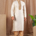 Men's Cream Art Silk Kurta Pyjama Set with Gold Butti Weave and Embroidered Placket - Mangaldeep NX