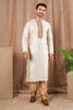 Men's Cream Art Silk Kurta Pyjama Set with Gold Butti Weave and Embroidered Placket - Mangaldeep NX