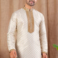 Men's Cream Art Silk Kurta Pyjama Set with Gold Butti Weave and Embroidered Placket - Mangaldeep NX