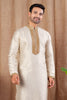 Men's Cream Art Silk Kurta Pyjama Set with Gold Butti Weave and Embroidered Placket - Mangaldeep NX