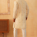 Men's Cream Embroidered Cotton Silk Kurta with White Pyjama - Mangaldeep NX