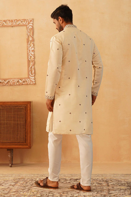 Men's Cream Embroidered Cotton Silk Kurta with White Pyjama - Mangaldeep NX