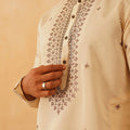 Men's Cream Embroidered Cotton Silk Kurta with White Pyjama - Mangaldeep NX