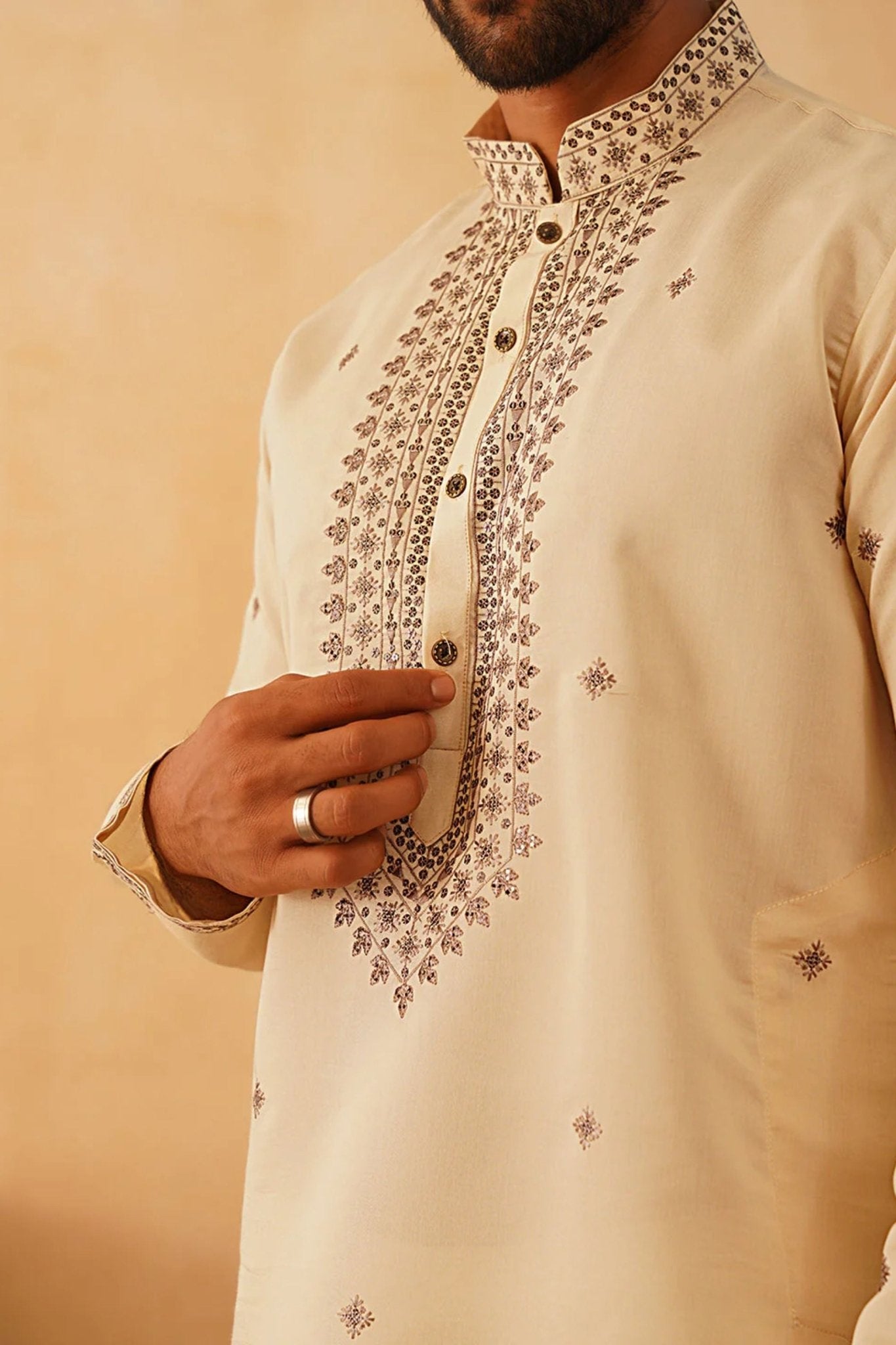 Men's Cream Embroidered Cotton Silk Kurta with White Pyjama - Mangaldeep NX