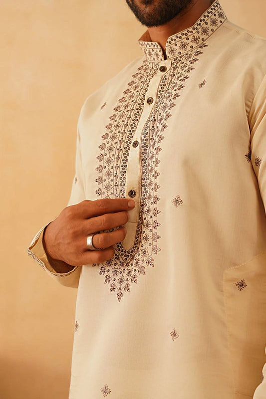 Men's Cream Embroidered Cotton Silk Kurta with White Pyjama - Mangaldeep NX