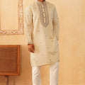 Men's Cream Embroidered Cotton Silk Kurta with White Pyjama - Mangaldeep NX