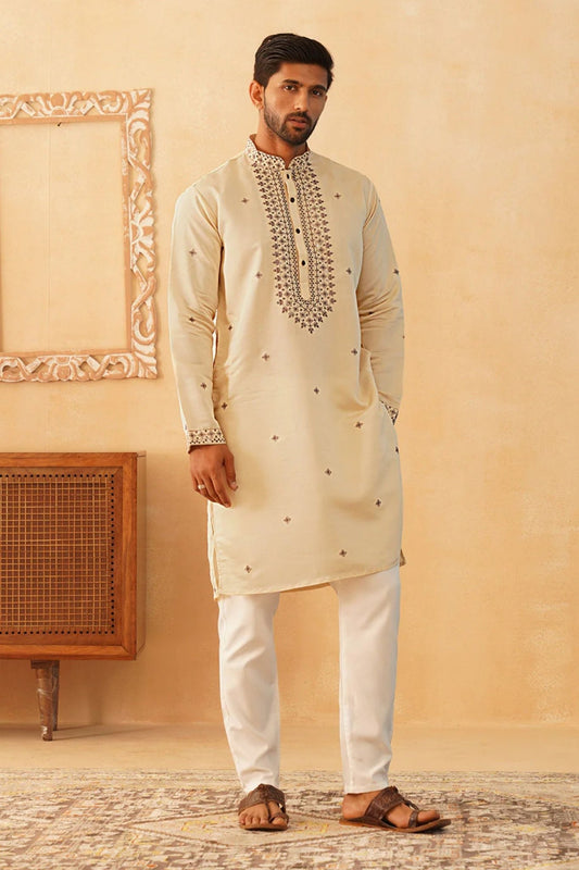 Men's Cream Embroidered Cotton Silk Kurta with White Pyjama - Mangaldeep NX