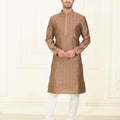 Men's Dark Brown Art Silk Kurta Pyjama Set with All - Over Traditional Brocade Weave - Mangaldeep NX