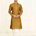 Men's Golden Art Silk Kurta Pyjama Set with All - Over Traditional Brocade Weave - Mangaldeep NX