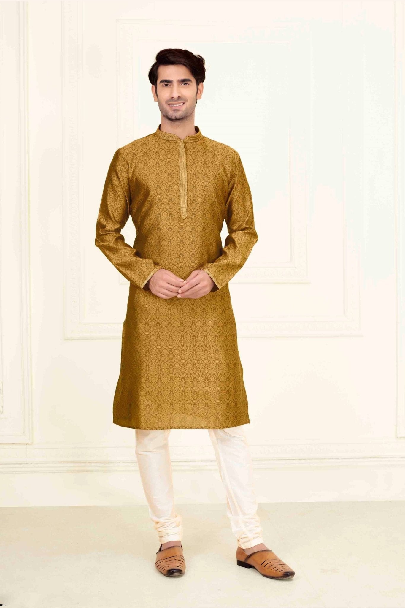 Men's Golden Art Silk Kurta Pyjama Set with All - Over Traditional Brocade Weave - Mangaldeep NX