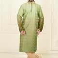 Men's Green Art Silk Kurta Pyjama Set with Geometric Woven Pattern - Mangaldeep NX