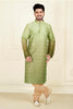Men's Green Art Silk Kurta Pyjama Set with Geometric Woven Pattern - Mangaldeep NX